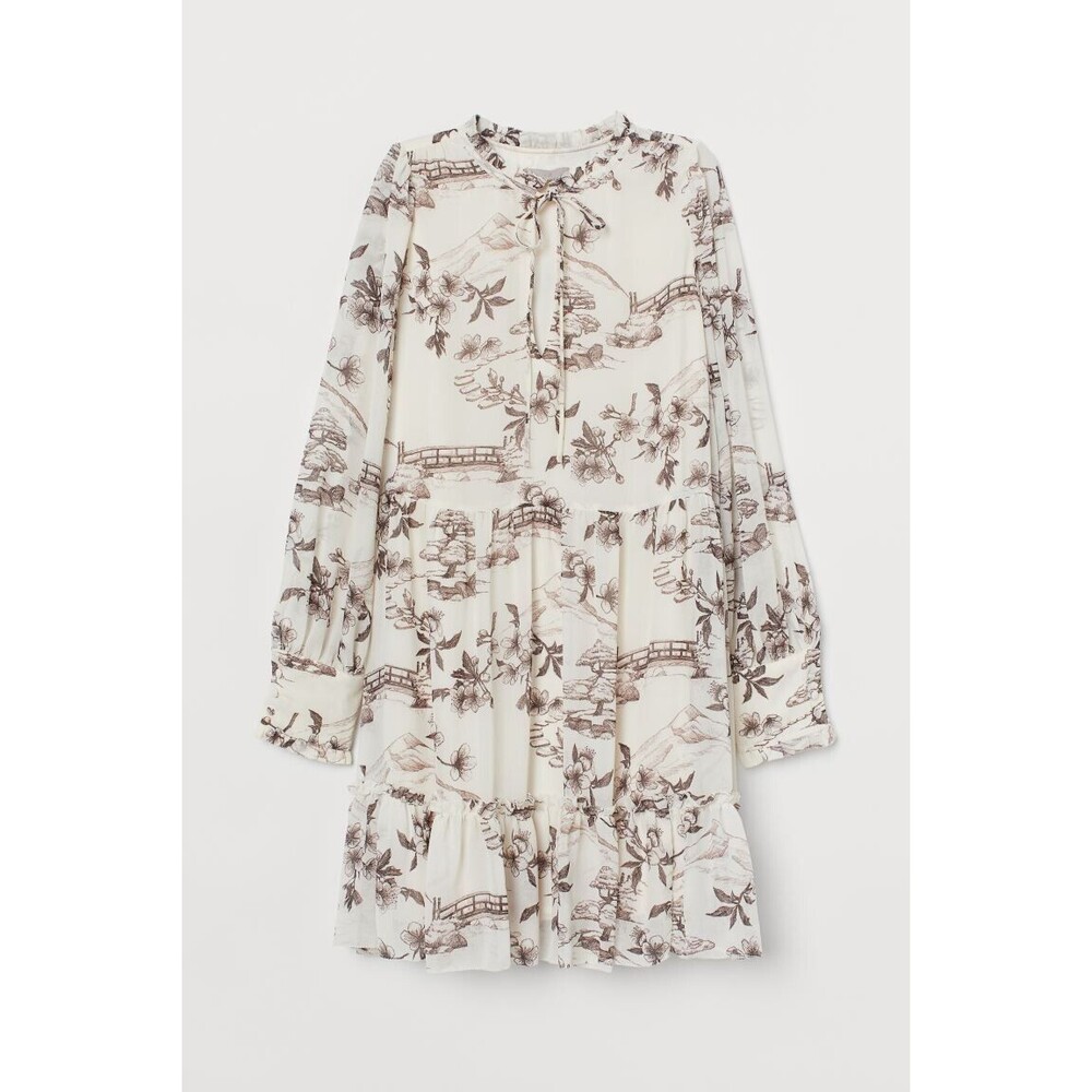 H&M Dress Womens M Cream Brown Babydoll Chiffon Layered Prarie Tiered Boho Lagen